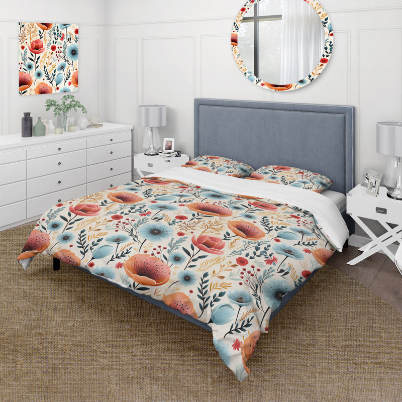 Ensemble de housse de couette Blue and Coral Vintage Poppy Dreams, Housse de couette pour grand lit et 2 taies décor
