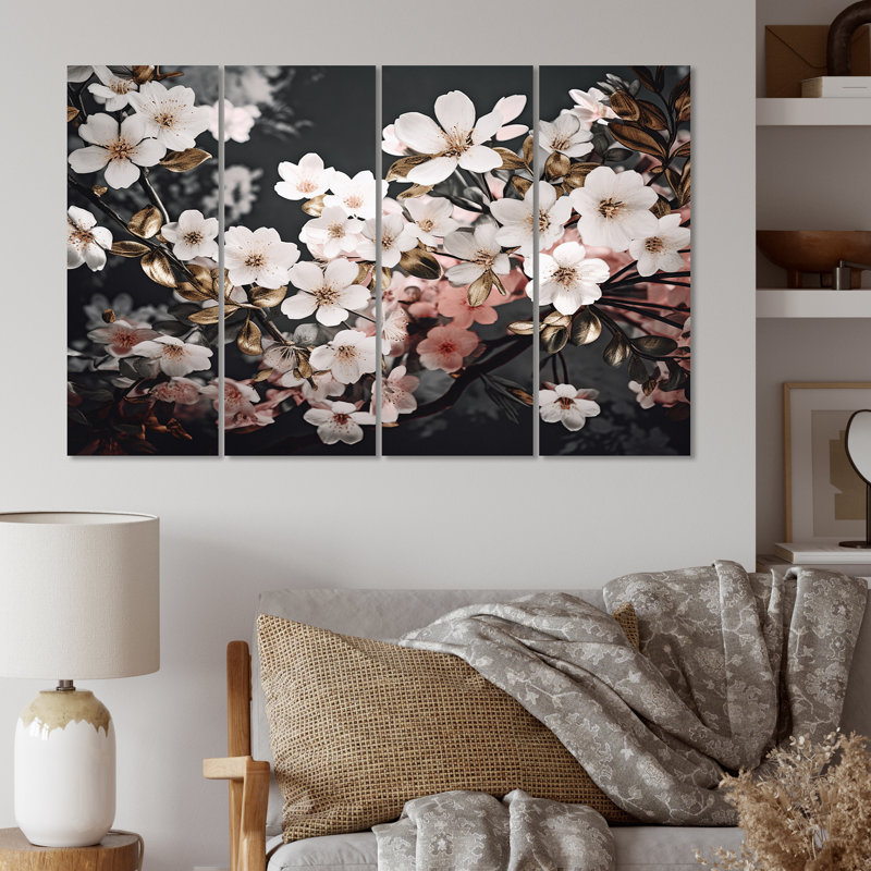 Branche avec fleurs de cerisier roses et blanches sur toile, 4 pièces