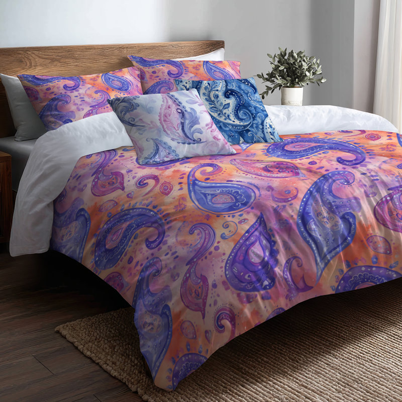 Ensemble de literie moderne 5 pièces - Ensemble de housse de couette et coussin décoratif rose à motif cachemire rose