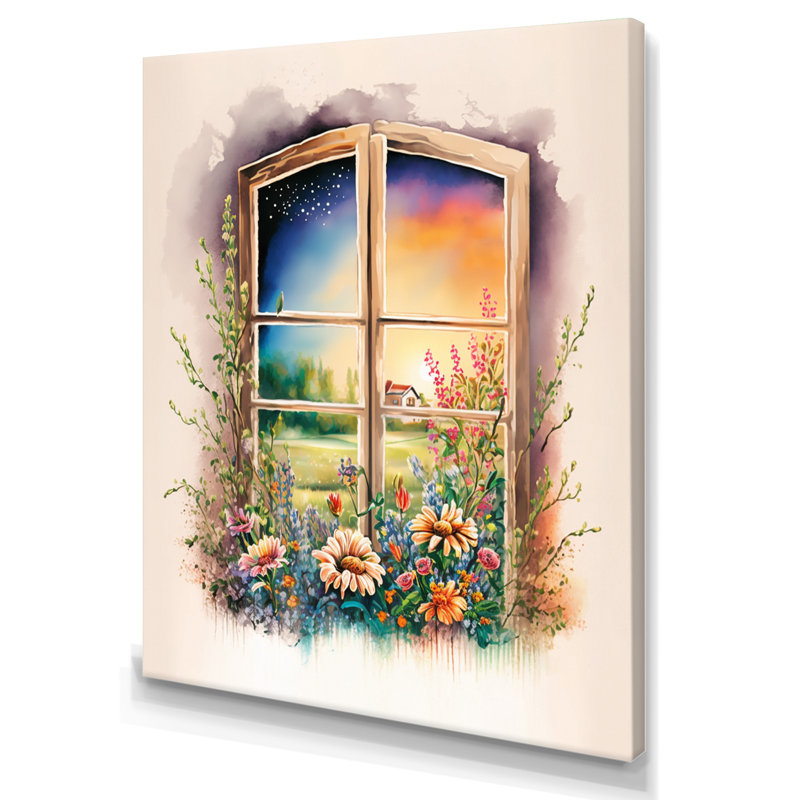 Été coucher de soleil floral fenêtre I - décoration murale fenêtres de ferme, H 44 po x l 34 po, Toile tendue