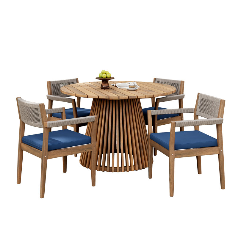 Lilan Outdoor 5-Piece Acacia Wood Dining Set With Woven Rope & Cushions, Navy