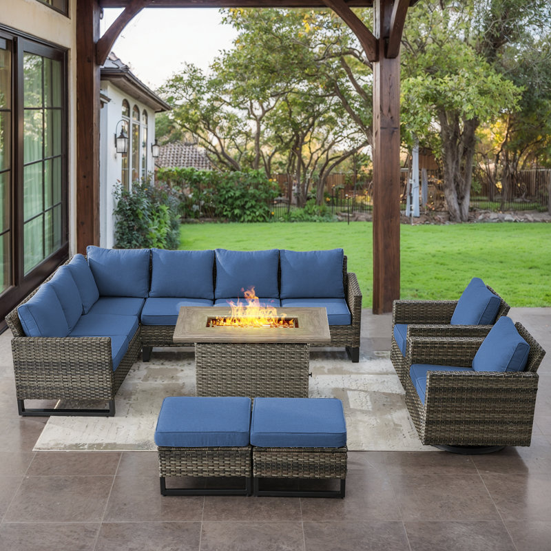 Ingvald 8- Person Outdoor PE Wicker Patio Conversation Set with Fire Pit, Ottomans and Cushions, Gray, Blue