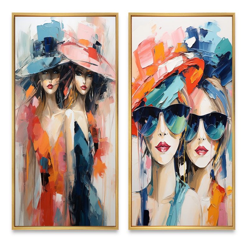«Whimsical Fashion Gril», 2 pièces sur toile, Encadrement doré, H 20 po x l 24 po