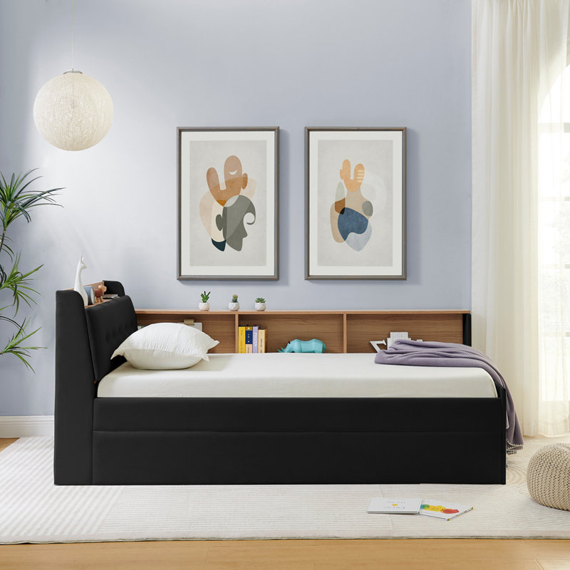 Lit de jour simple en velours réglable avec rangement, tête de lit et lumières DEL, pour la vie moderne et les chambres d'amis.