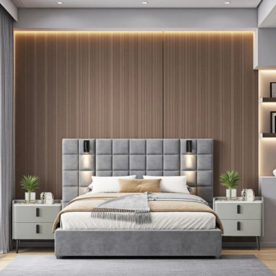 3-Pieces Bedroom Sets PU Storage Bed with LED Lights and USB charger,Nightstands Set of 2 with Charging Station and LED Lights