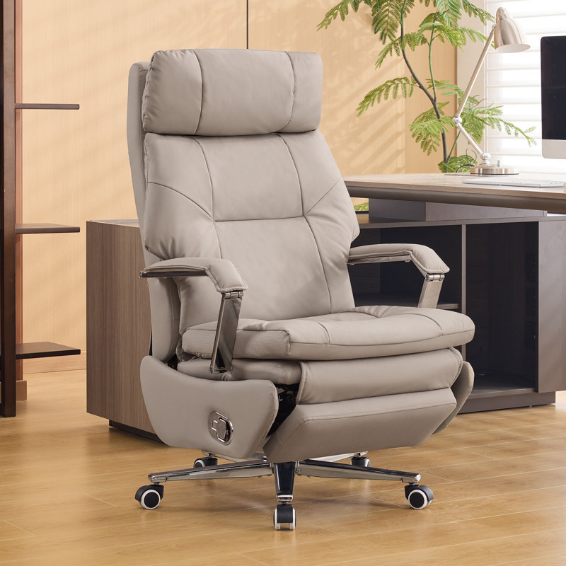 Faux Leather Office Chair with Retractable Footrest, Khaki