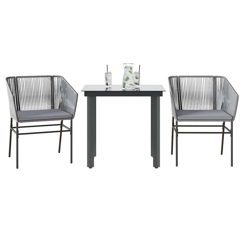vidaXL 3 Piece Patio Dining Set with Cushions Gray Poly Rattan Glass, 29.1" H x 31.5" W x 31.5" L, Gray/Gray, 2