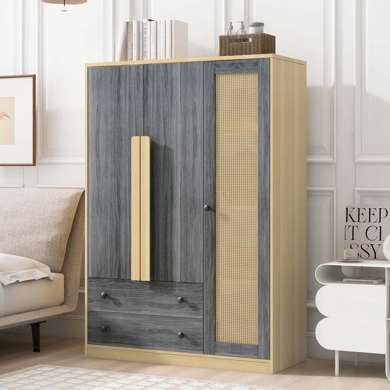 Armoire-penderie 3 portes en bois pour la chambre à coucher, avec 2 tiroirs, Gris naturel