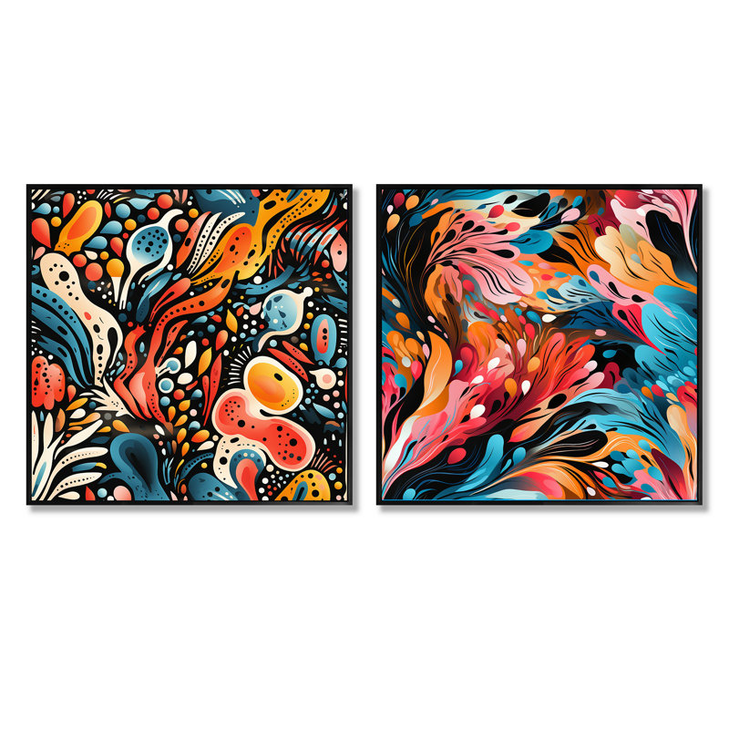Hartsfield - Ensemble de 2 collages carrés botaniques abstraits, Cadre flottant noir, H 36 po x l 73 po