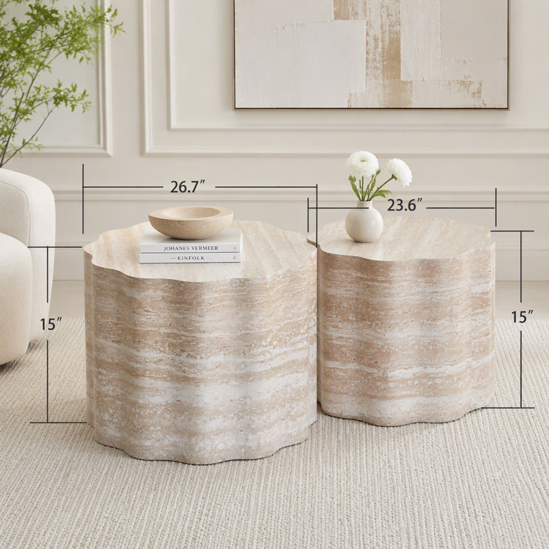 Ensemble de 2 tables basses gigognes rondes avec motif en faux marbre, 26.77"W, beige brown
