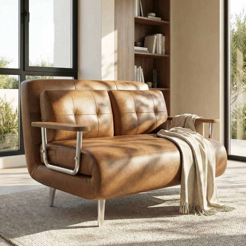 Convertible Faux Leather Sleeper Chair, Modern Fold-Out Sleeper Loveseat Bed with Wood Armrests, 32.6" H x 43.3" W x 29.1" D