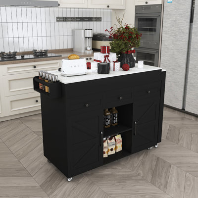 74.8" Kitchen Island with Extendable Dining Table, Marble Veneer Top & Built-in Power Outlet - Mobile Storage Cart with 3 Drawers & Cabinet, Rolling Kitchen Cart for Dining Room, Black