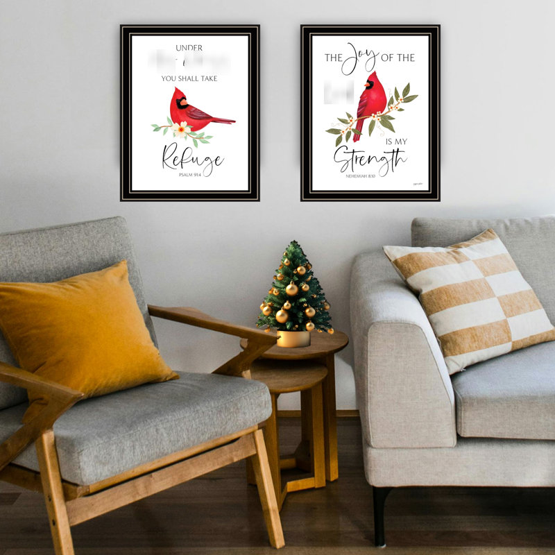 «Lord Is My Force Red Cardinals», œuvre d'art encadrée - cadre noir pour salon, chambre à coucher, décoration murale élégante