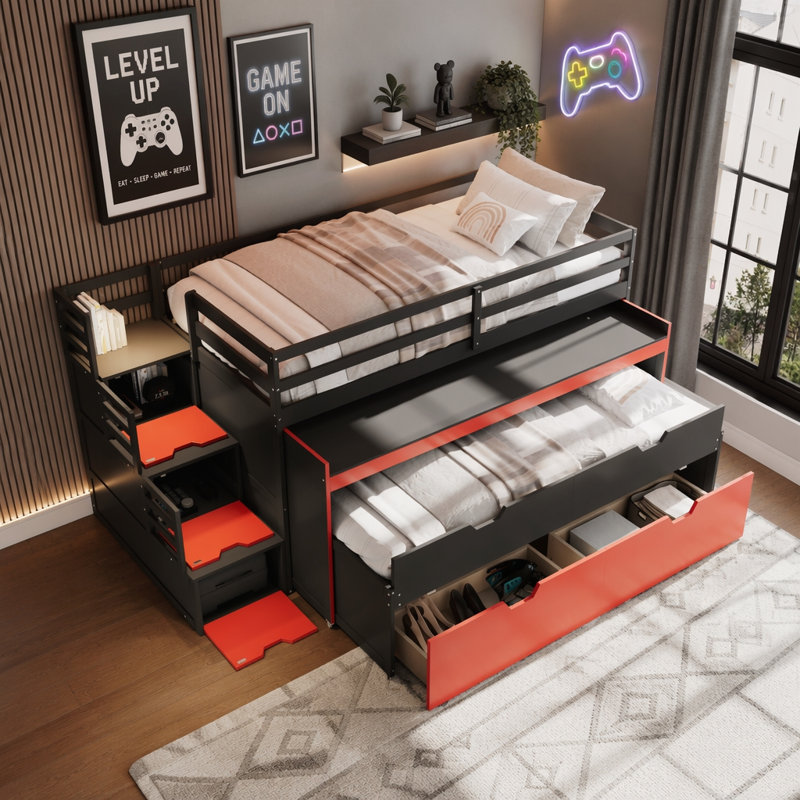 Lit mezzanine avec bureau coulissant, lit gigogne et marches de rangement, Extra-long Twin, Black+Red