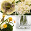 Arrangement artificiel orchidée et boule de Billy avec hortensia dans un vase en verre nervuré