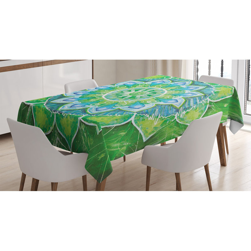 Ambesonne Mandala Tablecloth, Grand Mandala With Leaf Forms Of Nature And Theme Green Boho Style Print, Rectangular Table Cover For Dining Room Kitchen Decor, 52" X 70", Green Blue