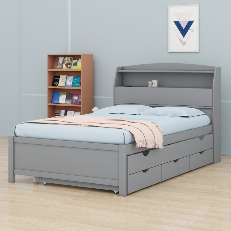 Lit plateforme en bois avec lit gigogne et tête de lit à DEL avec tiroirs, Gris