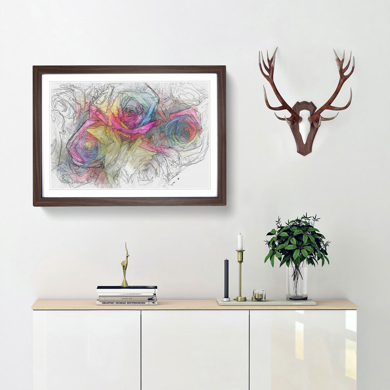 Multi-Coloured Rainbow Roses in Abstract - Picture Frame Graphic Art Print, 48cm H x 65cm W x 2cm D, Walnut Framed