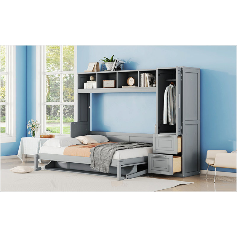 Lit escamotable double avec placard et tiroirs, Gris, Double