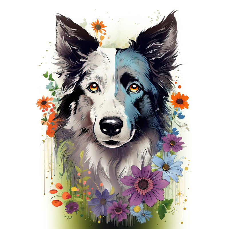 Wall Art Print Border Collie Dog Pict Scotland Basant Face Bright Artwork Portrait with Wildflowers Poster