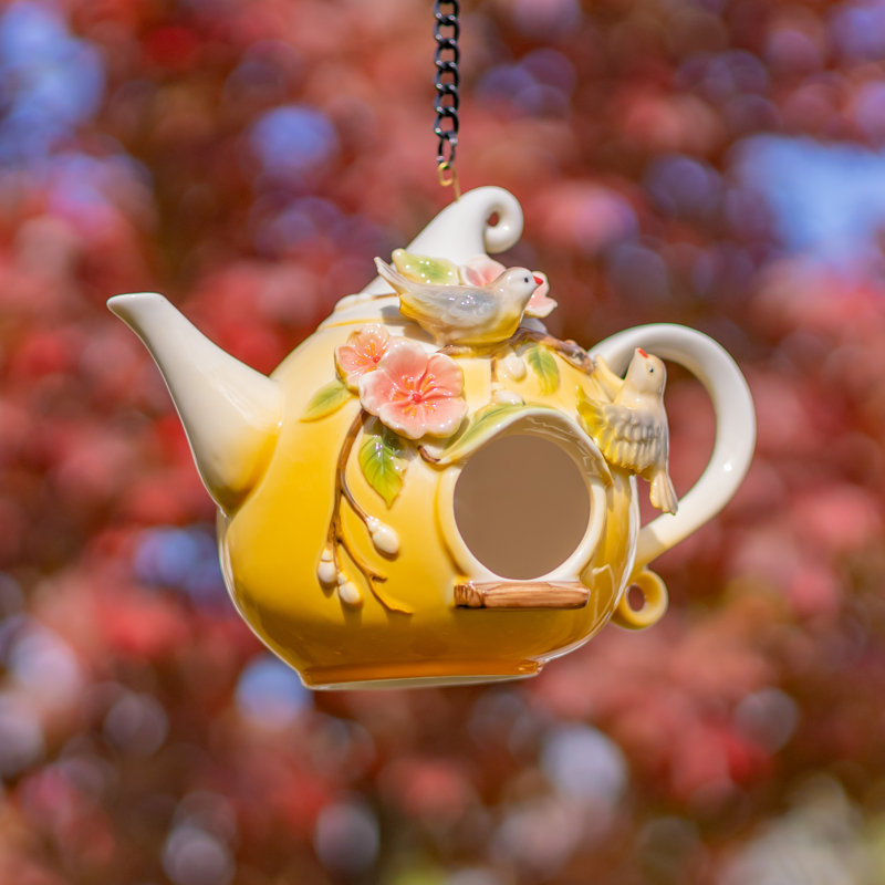 Théière suspendue en porcelaine avec 2 oiseaux bleus et jaunes "Blythe"