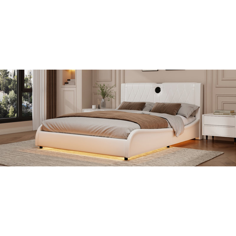 Grand lit lumineux à DEL avec tête de lit rembourrée et épaisse, similicuir, blanc, aucun sommier nécessaire, lumières blanches modernes, haut-parleurs intégrés, cuir