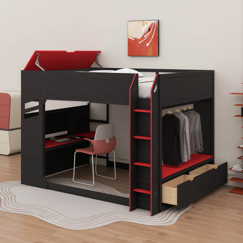 Full Size Wood Loft Bed With Desk,Drawers,Storage Compartments,Hanging Rod And RGB Lights, Red