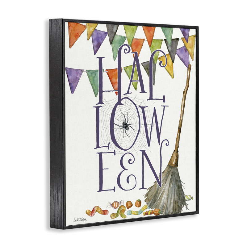 Giclée d'Halloween avec balai SpellBond, design par Leslie Trimbach, H 14 po x l 11 po, Giclée encadrée noir minuit