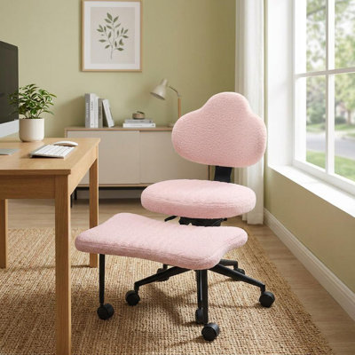 Chaise de bureau ergonomique à pieds croisés rose avec tissu et mousse de polyuréthane, fauteuil de méditation pivotant à 360 ° avec roulettes, hauteur réglable et support lombaire pour le yoga et les sièges compatibles avec le TDAH