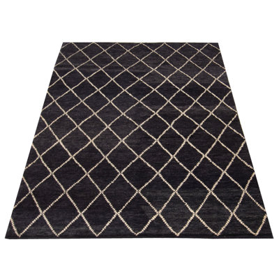 Tapis bleu marine / ivoire marocain en laine noué à la main 5 pi x 8 pi
