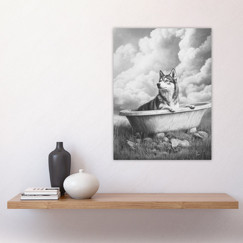 Husky Bath Time Bathtub Surreal Wall Art Print