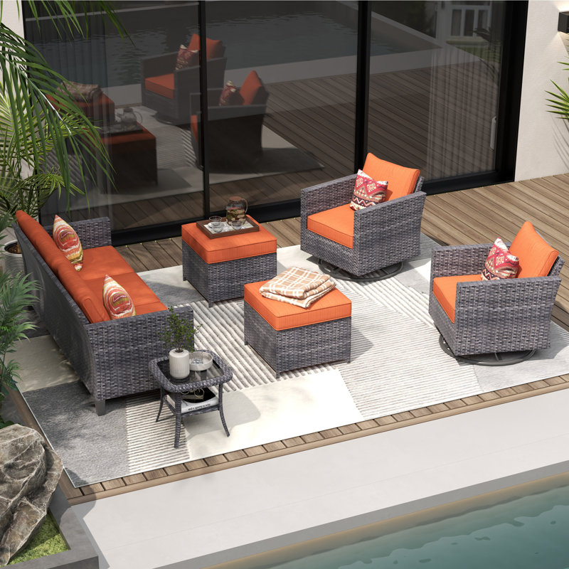 GRST Rattan Sofa Seating Group with Cushions, Orange Red
