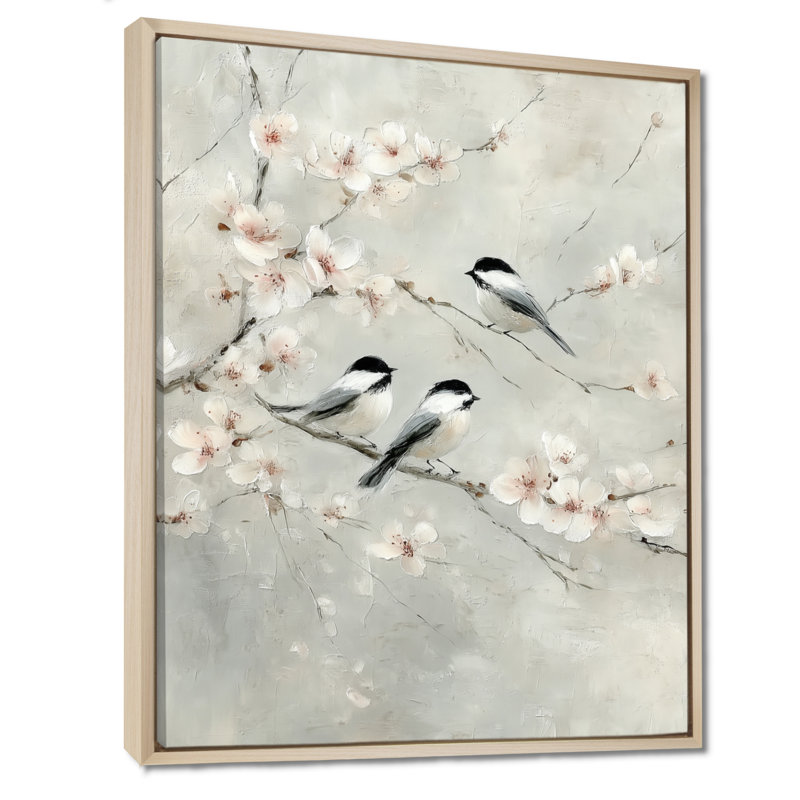 Inséparable chantant sur une branche de cerisier en fleurs - Art mural oiseau floral, impression sur toile botanique noire