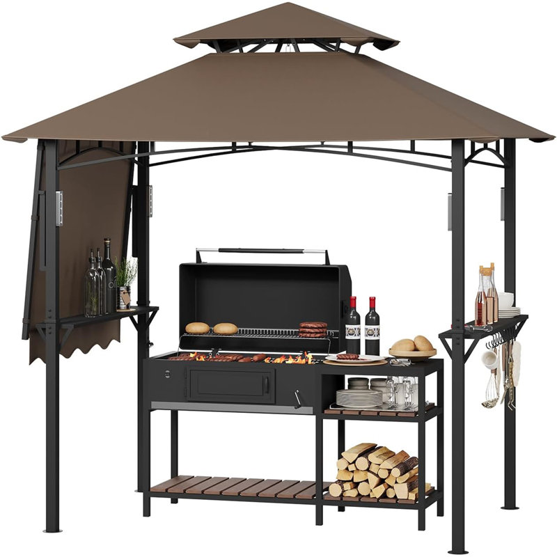 8 Ft. x 5 Ft. Grill Gazebo with Side Awning, Double-Tier BBQ Canopy with Shelves, LED Lights, Hooks and Bottle Opener for Patio, Backyard or Deck