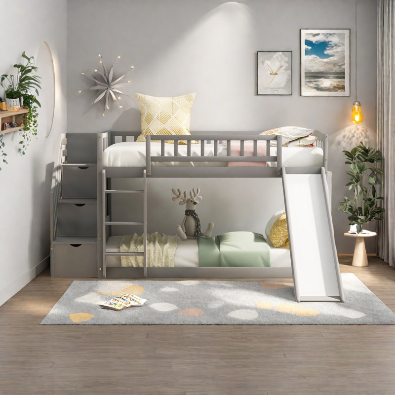 Lit superposé avec escalier de rangement et glissade, Gris, Twin Over Twin