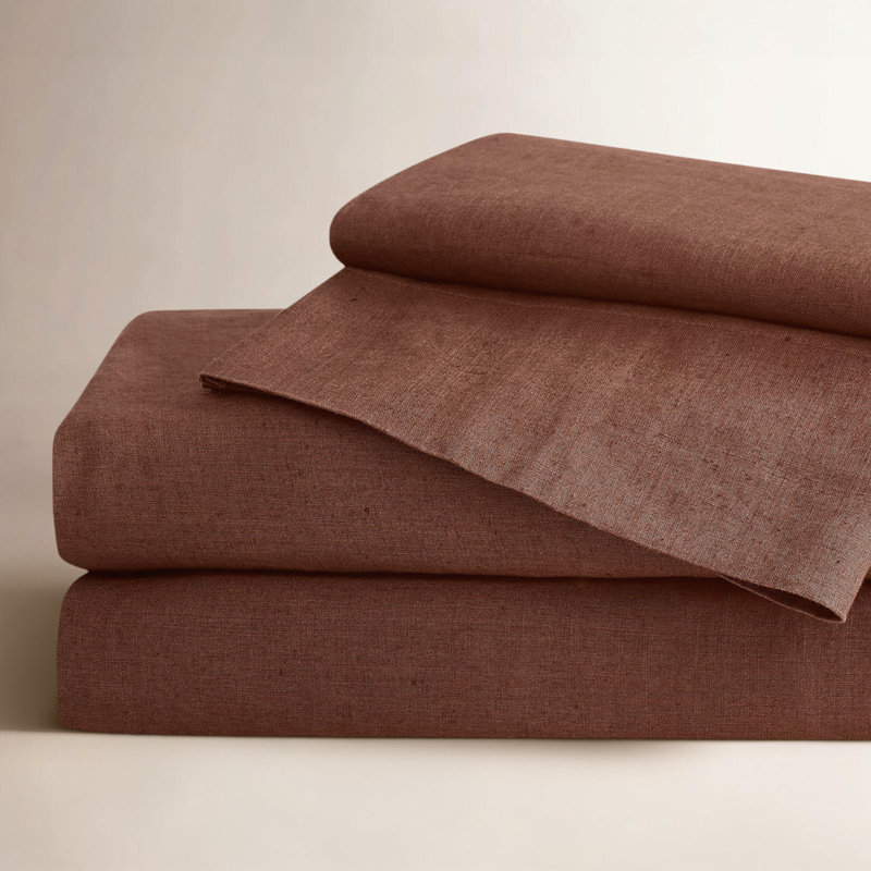 Ensemble de draps en lin Nena Aybar, Ensemble de draps pour grand lit avec 2 taies d'or, Brun