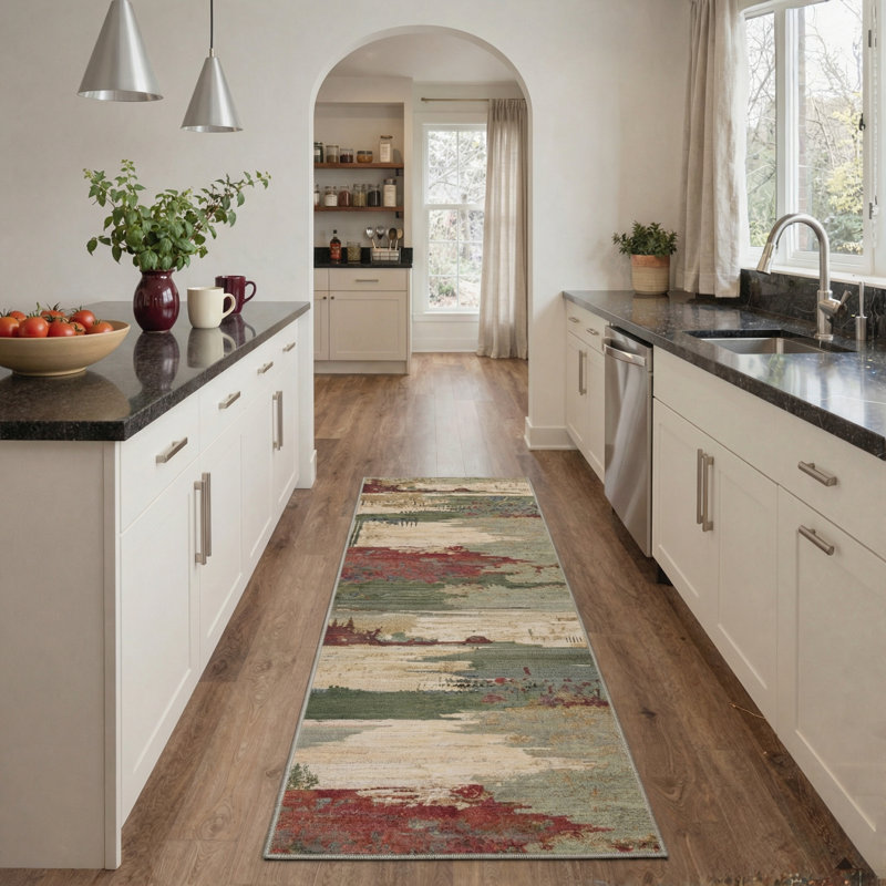Abdul Abstract Painting Machine Washable Terracotta Indoor Area Rug With Non-Slip Backing, Green/Red/Beige, Runner 2'3" x 6'
