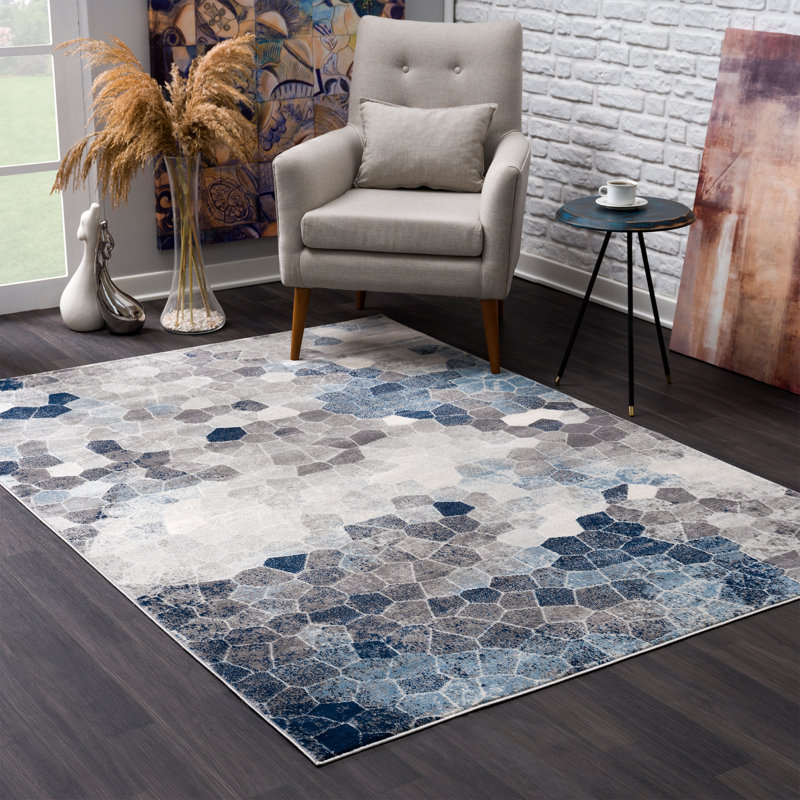 Chapeno Geometric Navy/Gray Area Rug, Rectangle 5'3" x 7'7"