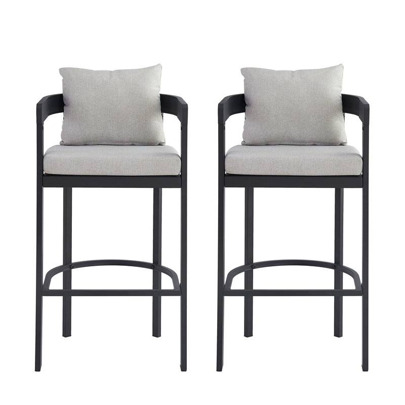Tabouret de bar d'extérieur, structure en fer gris foncé avec coussin gris clair, ensemble de 2