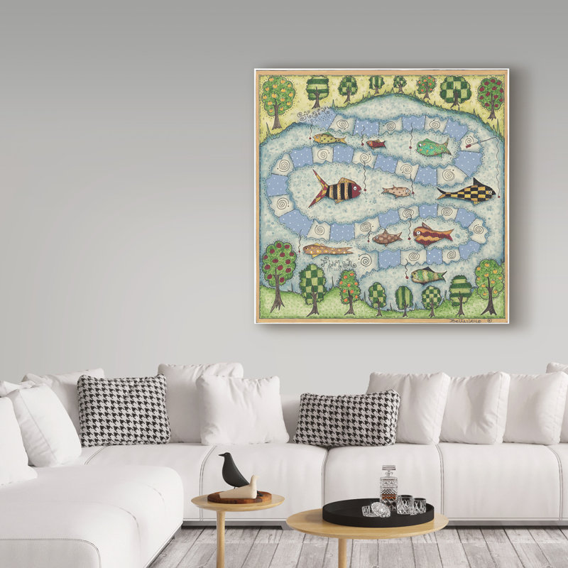Colorful Fish Over Lake Pattern Modern Wood Framed Canvas Art