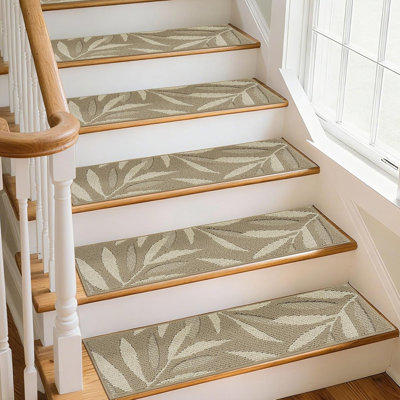 Tapis d'escalier pour marches en bois avec motif de feuille 3D, avec support en TPE, beige