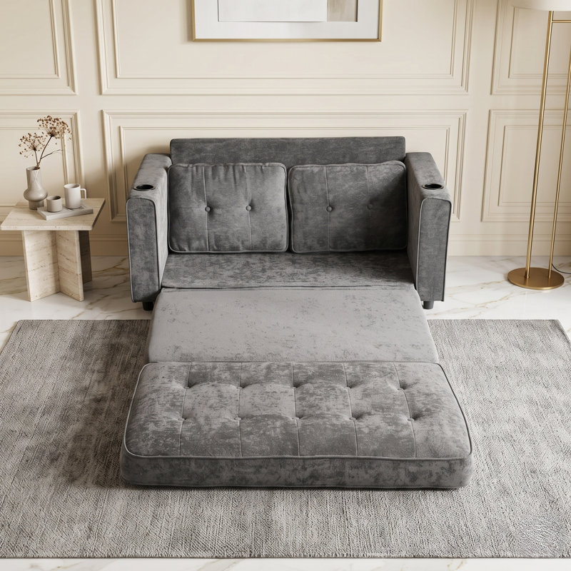 Causeuse convertible 2 places en velours gris foncé de 55 po de large avec rangement latéral, Gris foncé