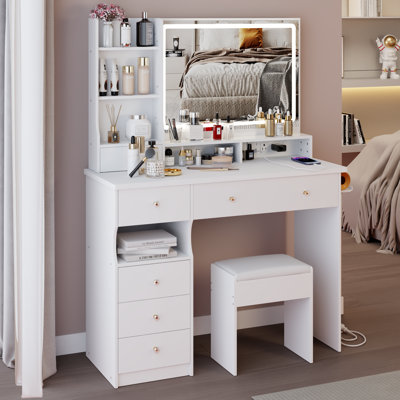 41" Large Size Makeup Vanity Desk With Lighted Mirror, Makeup Table Top With 2 AC+2 USB Power Station, Dresser Table