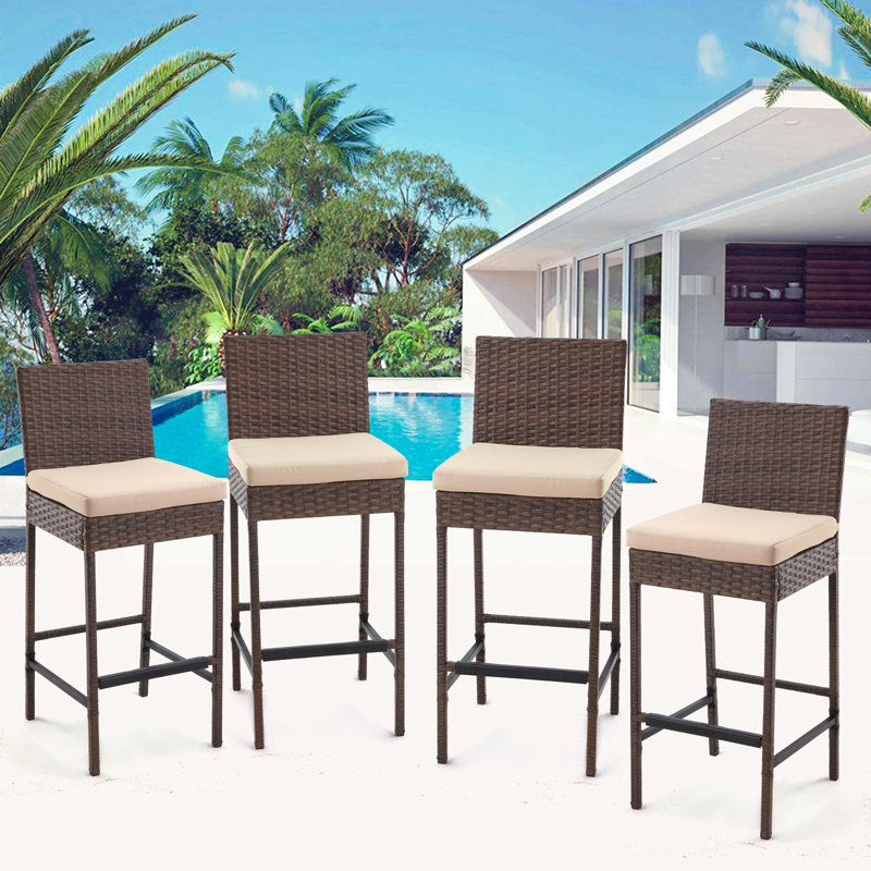 Ensemble de 4 tabourets de bar en rotin, tabourets de bar sans accoudoirs avec coussins pour patio, tabourets de bar d'extérieur toutes saisons pour piscine, pelouse, abri de jardin, cour arrière, Y