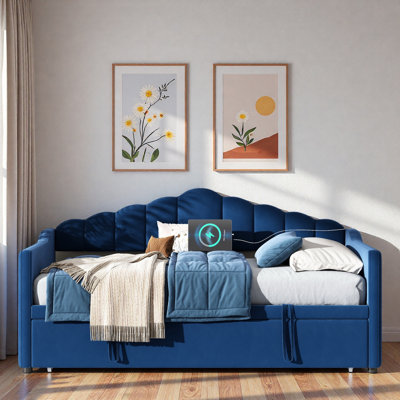 Upholstered Daybed With Adjustable Height Pop Up Trundle, Charging Port And 2 Side Pockets