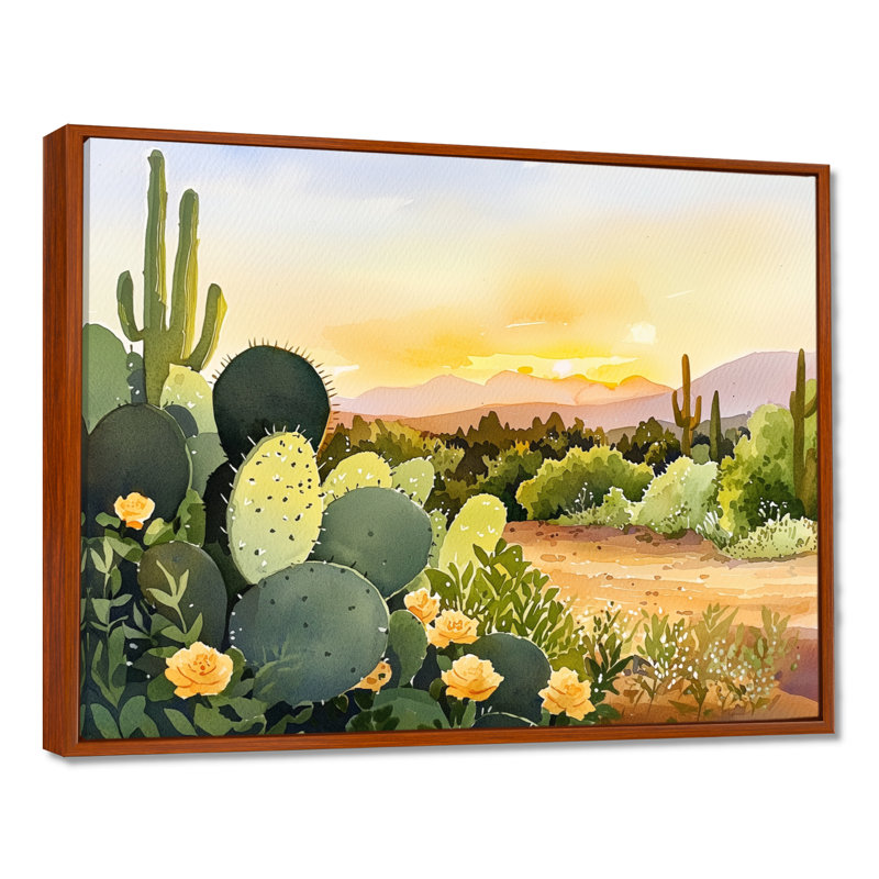 Cactus Landscape At Sunset III - Floral Cactus Print, art mural, H 34 po x l 44 po, Brun