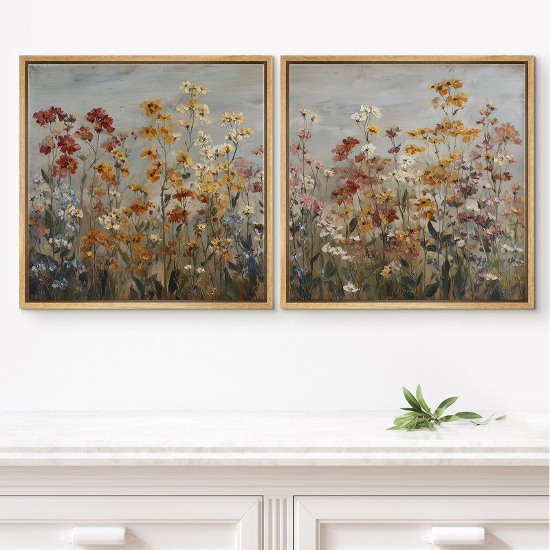 Warm Autumn Meadow Flower Botanical Wall Decor Framed Master Bedroom Wall Art Work 2 Pieces Print, Natural Floater Frame