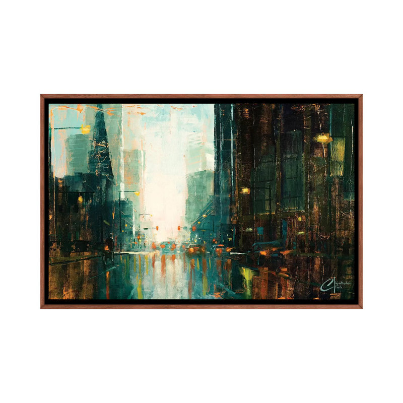 Denver - Broadway In The Rain I by Christopher Clark - Painting on Canvas, 66.04 cm H x 45.72 cm W, Classic Brown Wood Framed