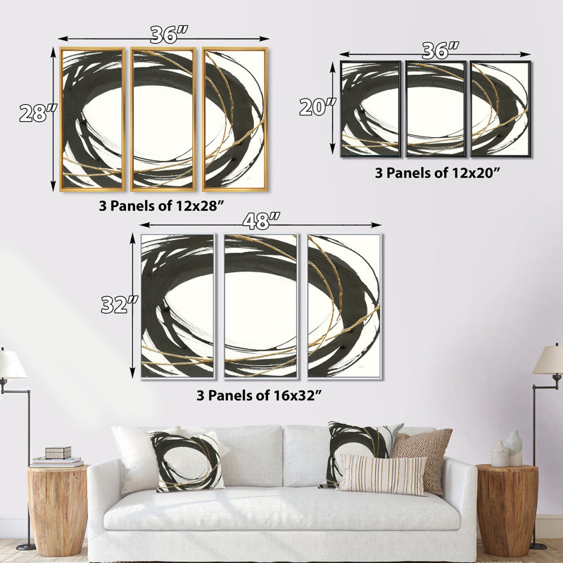 «Gold Glamour Circle II - Posh & Luxe», ensemble de 3 toiles encadrées, H 32 po x l 48 po x P 1 po, Or