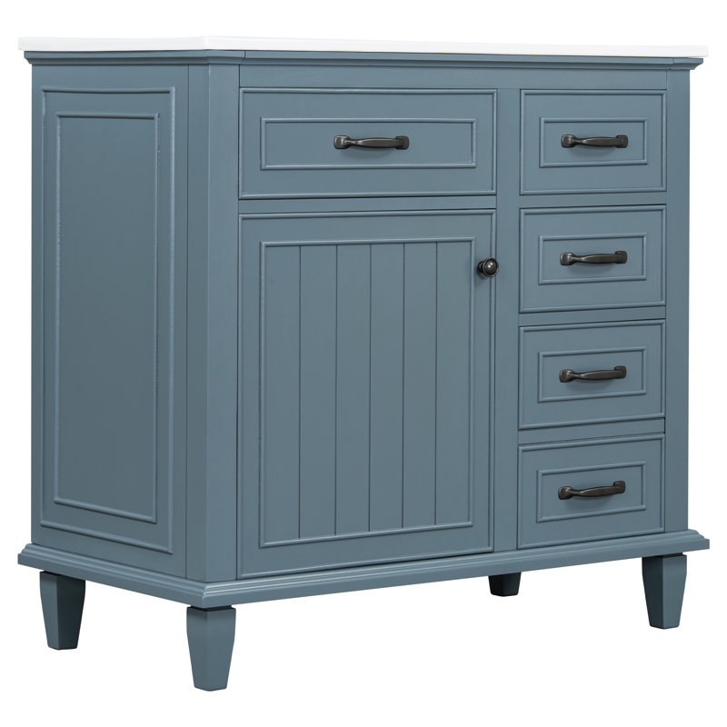 Meuble-lavabo autoportant blanc 36 po avec lavabo en céramique 36 po - Armoire en bois massif et en peuplier MDF avec tiroirs rabattables, tablette réglable et poignées en alliage de zinc